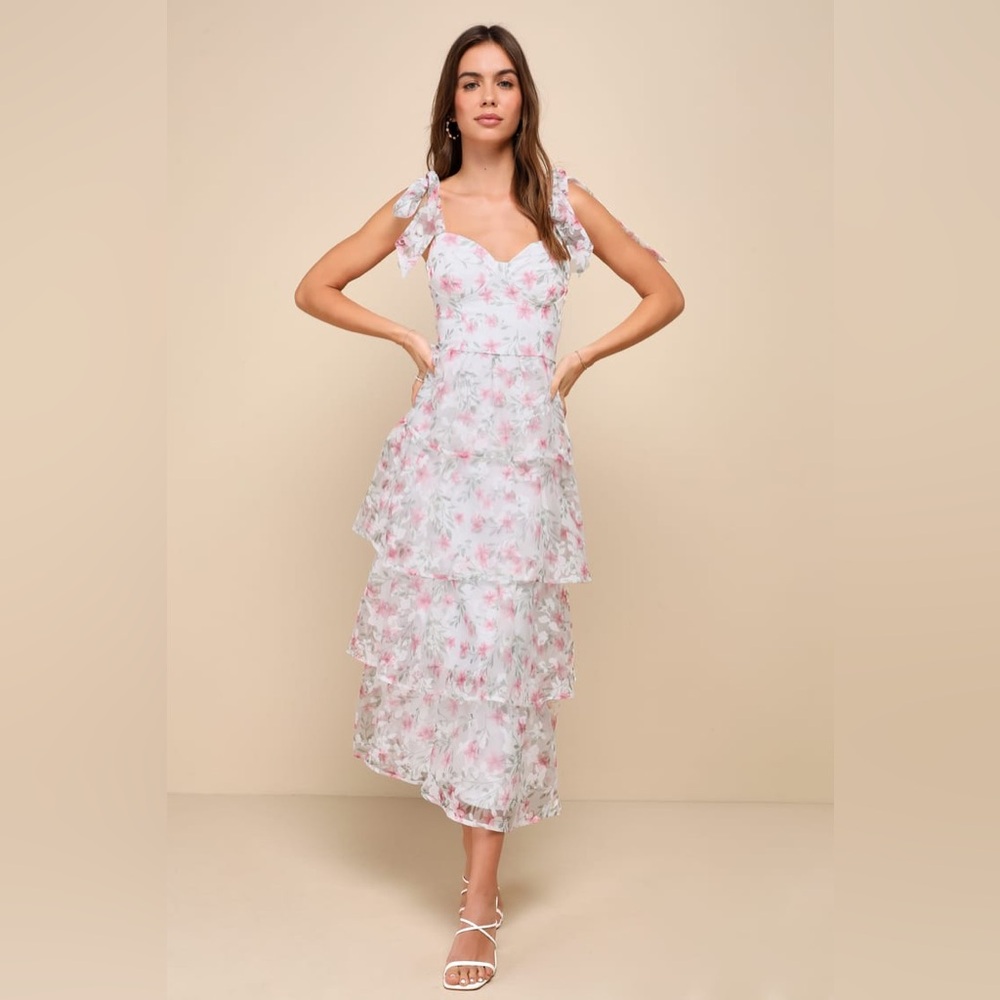 LULU’S ENDLESSLY GORGEOUS FLORAL BURNOUT TIE STRAP MIDI DRESS